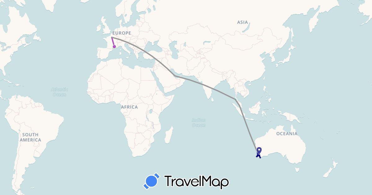 TravelMap itinerary: driving, bus, plane, train, boat in Australia, France, Malaysia, Qatar, Thailand (Asia, Europe, Oceania)